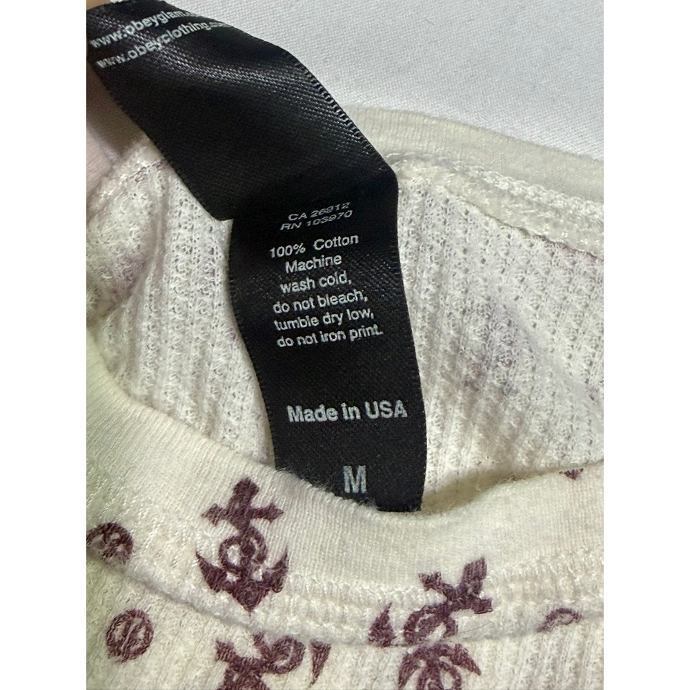 OBEY Y2K White Henley Long Sleeve Nautical Print Skater Top Alternative Surf - Picture 3 of 8